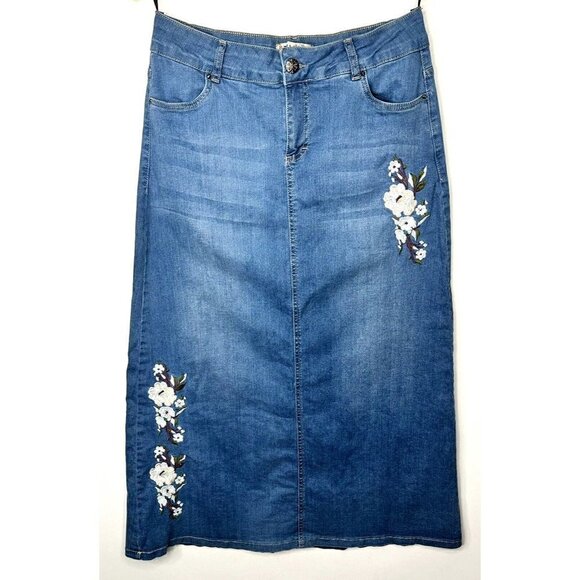Vintage Telvin Floral Embroidered Denim Skirt Womens 42 Blue Long Pockets - Picture 1 of 12